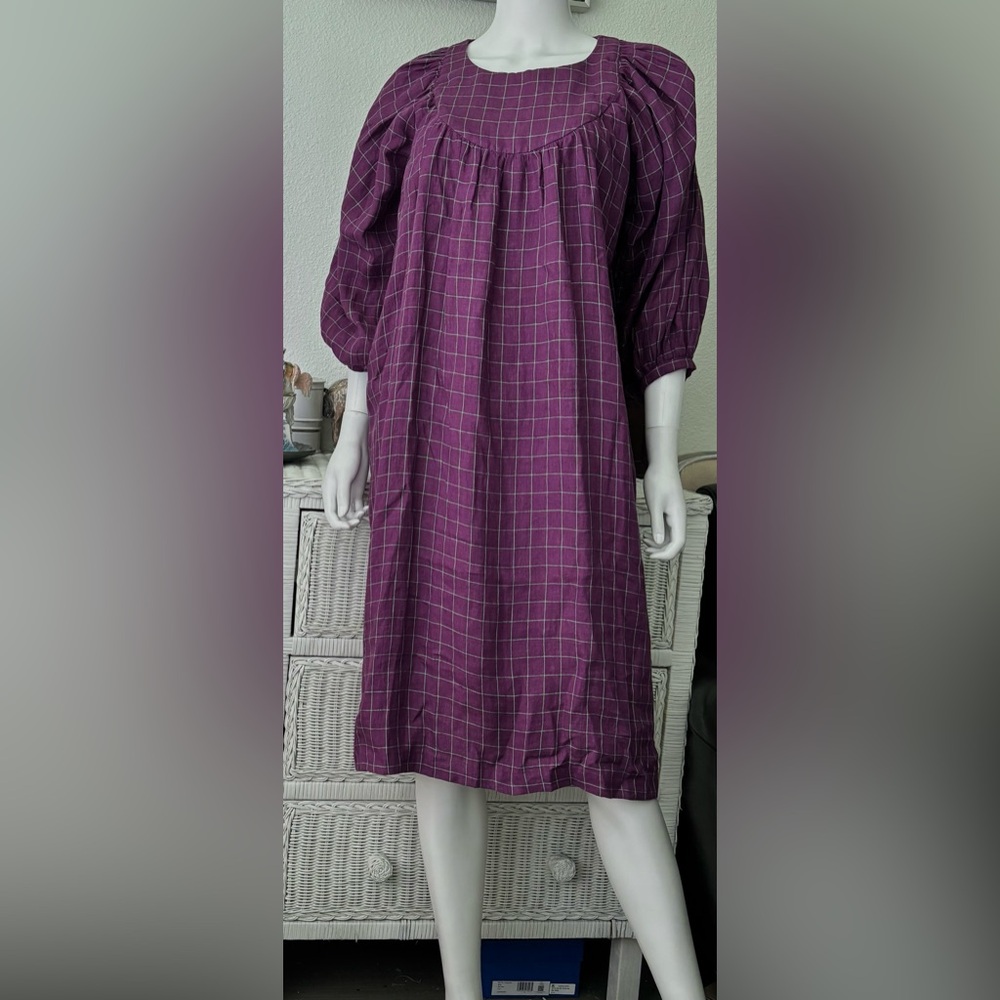 Aliya Wanek Birdie Linen Midi Dress Ruffle Ballon Sleeve Purple Windowpane Sz. S